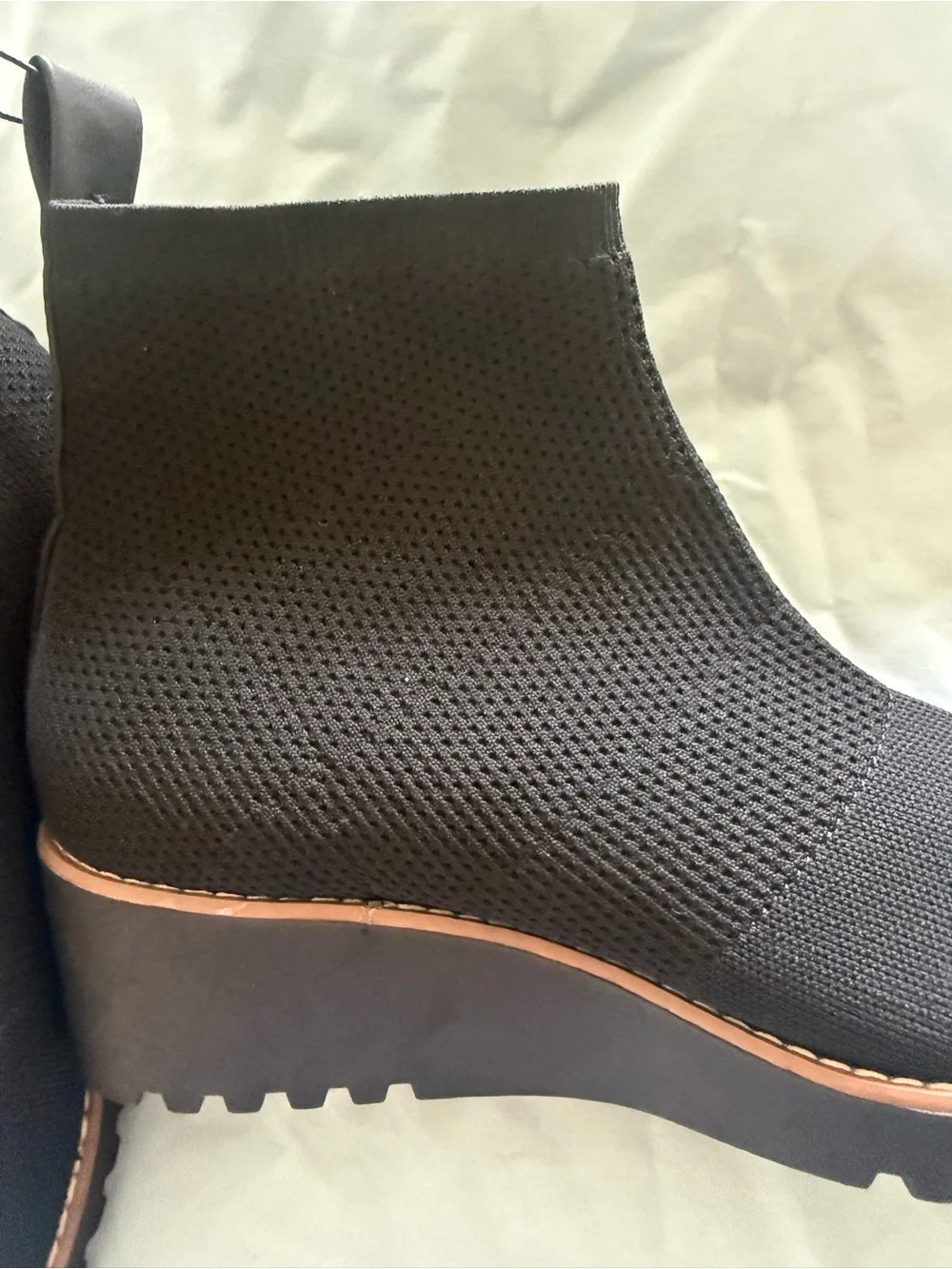 Time and Tru Black Knit Wedge Ankle Booties with Tan Trim